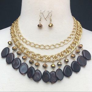 Brown Bead Drop Gold Chain Necklace Earrings Set